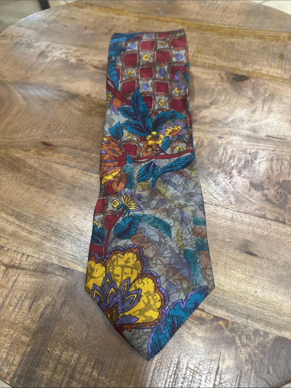 Kenzo  Paris   Vintage  Vibrant Floral & Geometric Silk Tie — Yellow, Blue, Red,